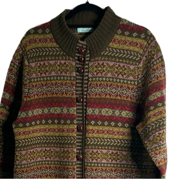 ORVIS wool long sweater cardigan  button front size L olive green red Nordic - Picture 11 of 11
